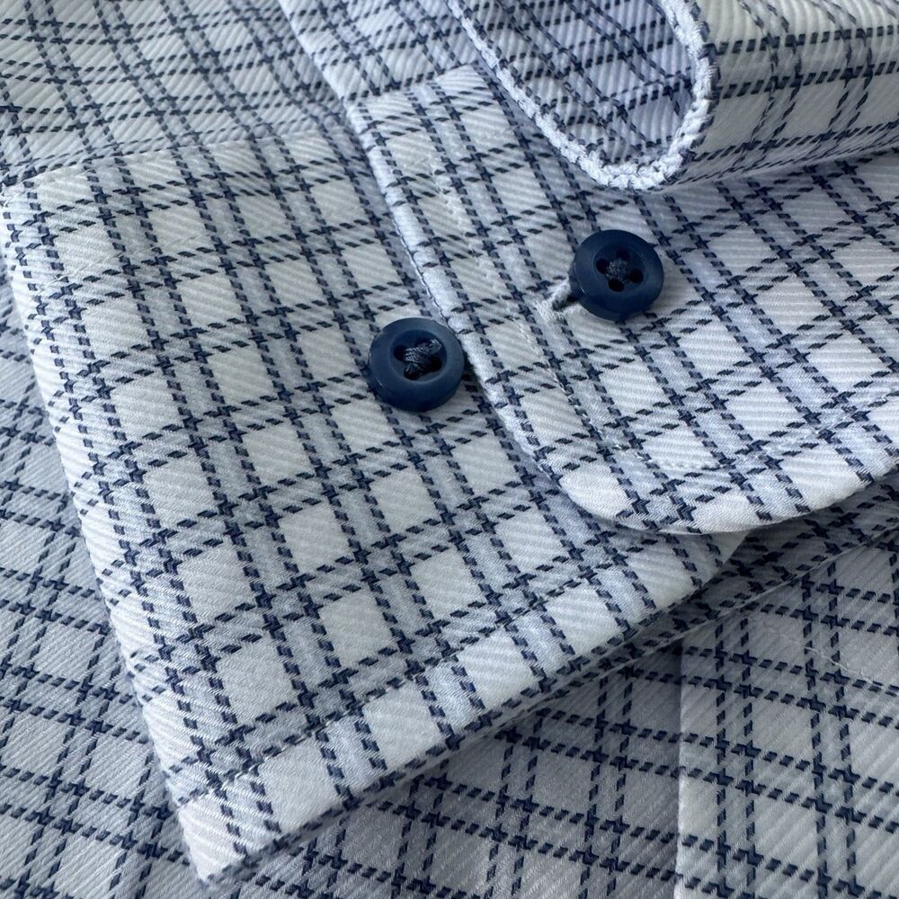 David Donahue Trim Fit‎ Dress Shirt Mens 14.5 32/33 White Blue Plaid Check Slim - Picture 7 of 14